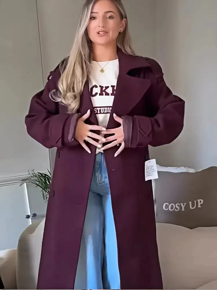Womens Solid Turndown Collar Singlebreasted Coat Casual Long Sleeves Burgundy Women Fall Winter Office Lady Outerwear 241129