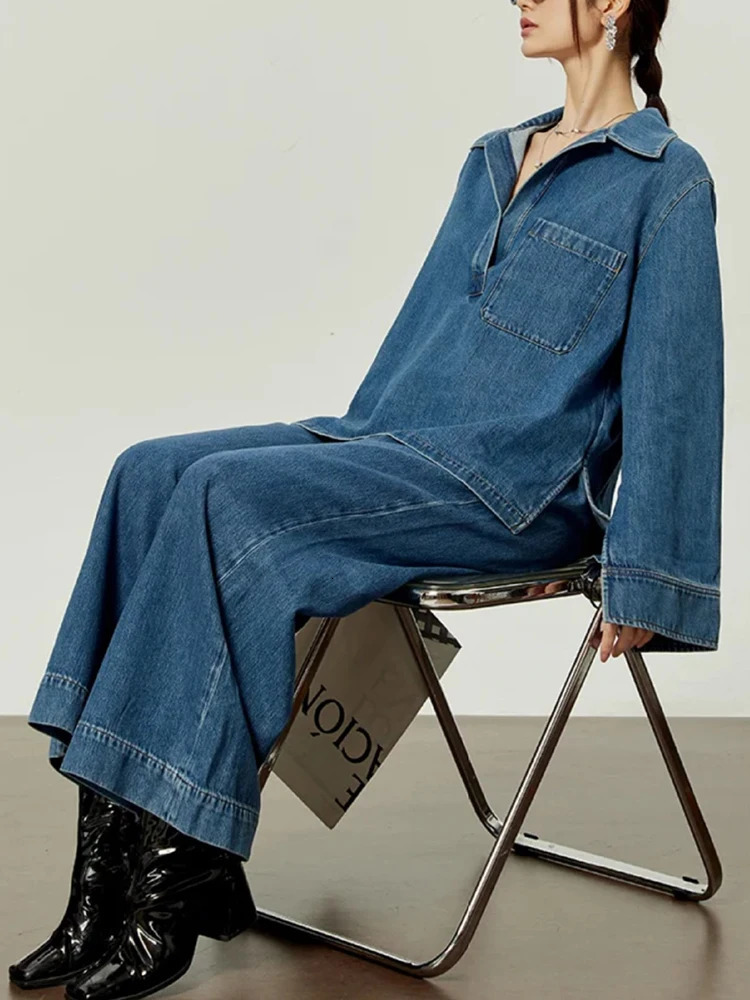 LANMREM Office Lady Washed 2 Piece Set For Women V Neck Pullover Shirts Drawstring High Waist Loose Jeans 2024 Autumn 241129