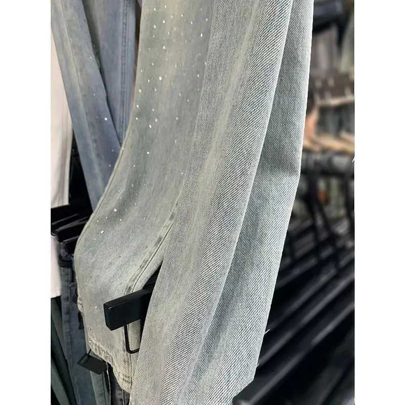 Women's Jeans Heavy duty embroidery hot diamond star hem high waisted jeans for women in summer thin and loose fashionable mop wide leg pants H24