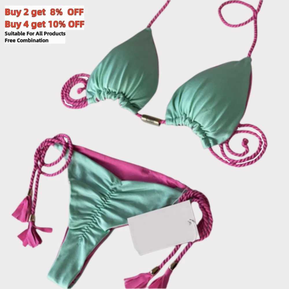 Women's Swimwear Wholesal Bikini Set 14 Solid Colors) S-XL Hand Braided Rope Swimsuit Two Piece Swimwear Lanyard Bathing Suit Beachwear H241130