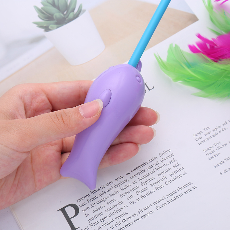 Flexible plastic long pole dolphin handle feather head teaser laser interactive cat toys wholesale