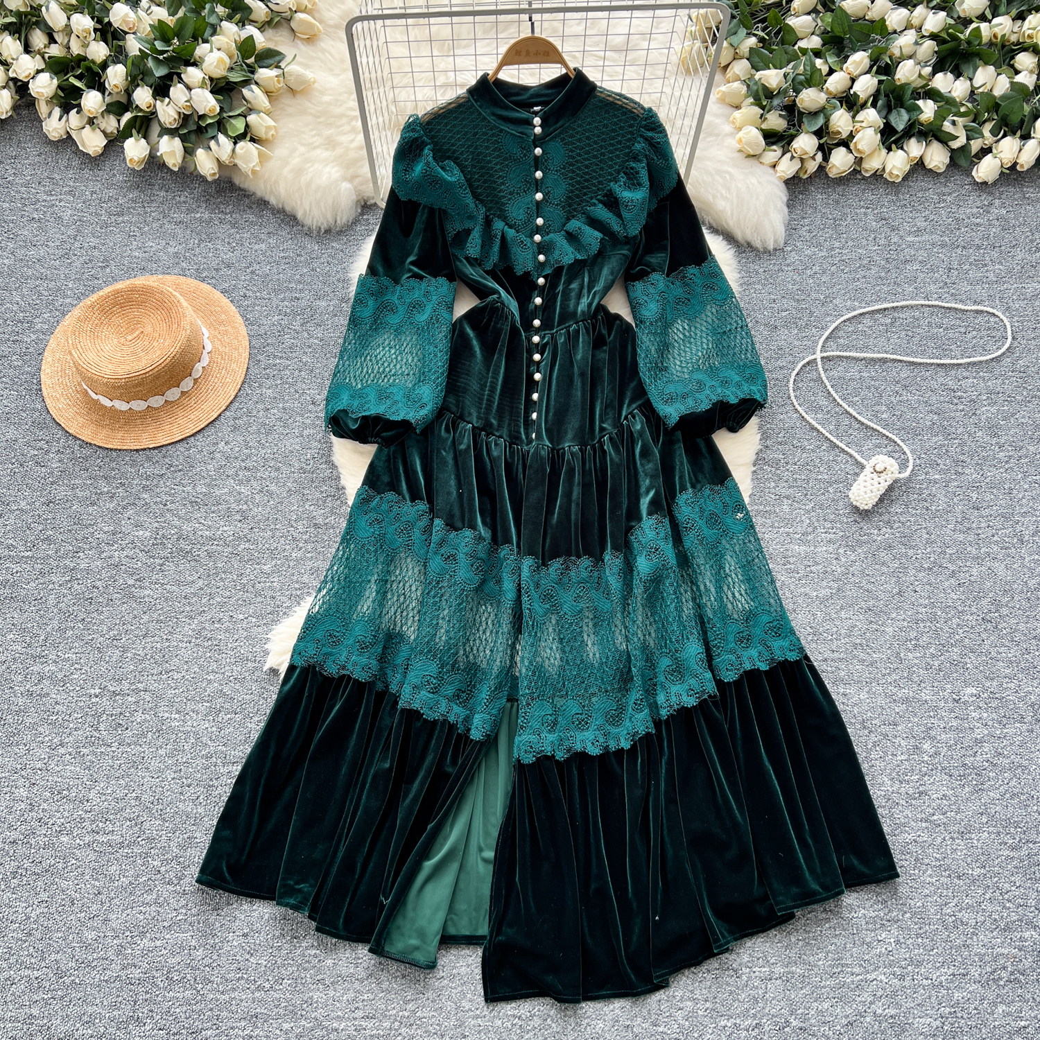 Casual Dresses French Vintage Lace Embroidery Patchwork Velvet Lantern Sleeve Maxi Dress Pearls Buttons Belt Lace Up Wedding Party Prom Vestido 2025
