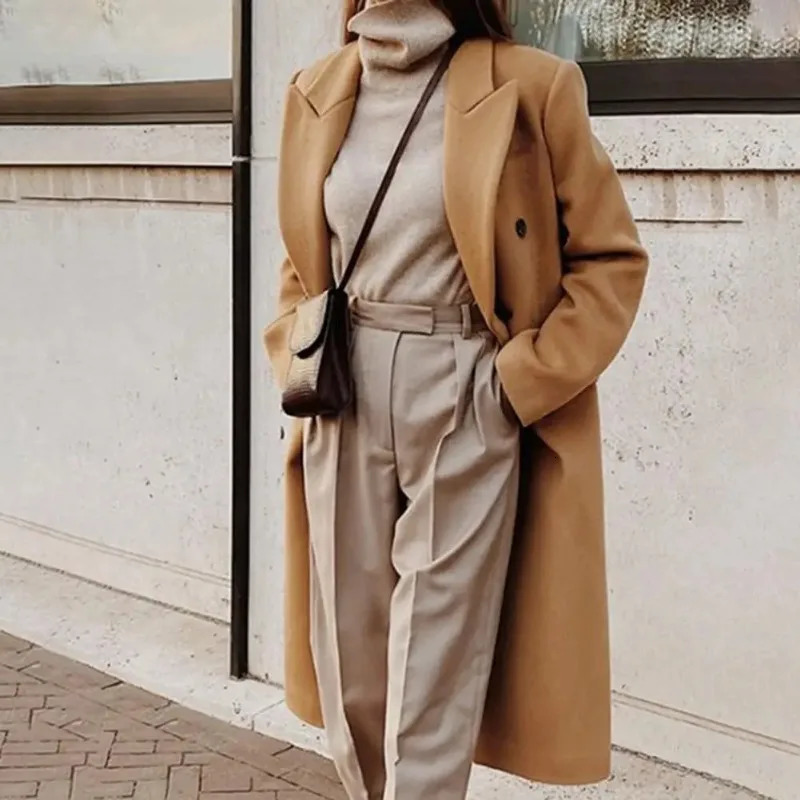 Wool Blend Coat Women Elegant Casual Long Suit Jacket Solid Pockets Overcoat Loose Fit Female Clothing Autumn Winter Streetwear 241121
