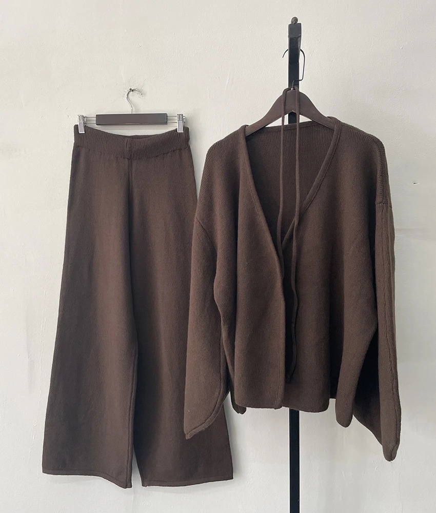 EWQ Fashion Vneck Long Sleeve Lace Up Sweater And High Waist Trousers Casual Women Knit Set Clothing 2024 Autumn 16O1719 241129