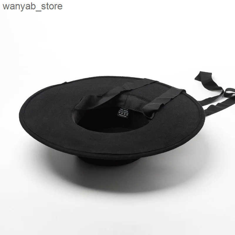 Wide Brim Hats Bucket Hats New fashion simple woolen top hat ladies wool felt bandage flat hat L240910