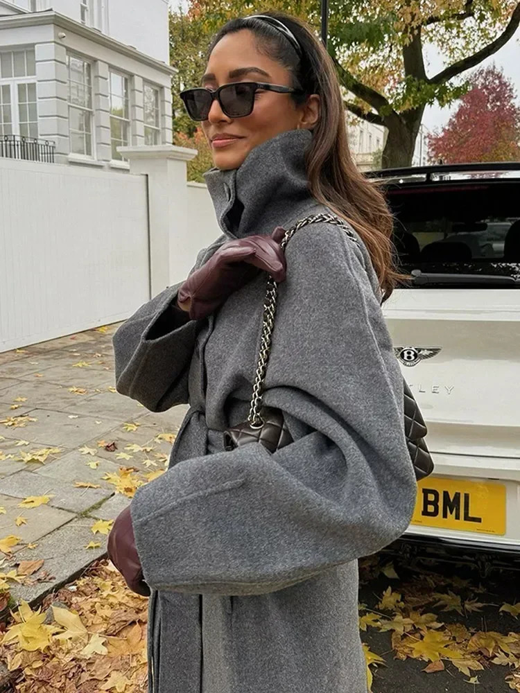 Elegant Winter Lace Up Stand Collar Woolen Blends Coat Women Single Breasted Full Sleeve High Waist Jacket Office Streetwear 241129