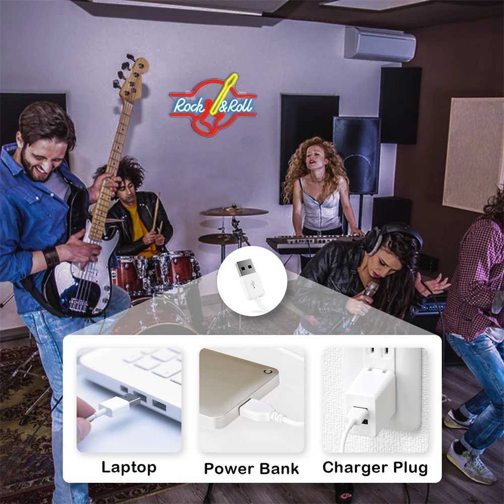Rock Roll Neon Signs Guitar Music Led Neon Light Art Wall Decor for Game Room Music Party Rock Studio Bar Disco Party Neon Z241130