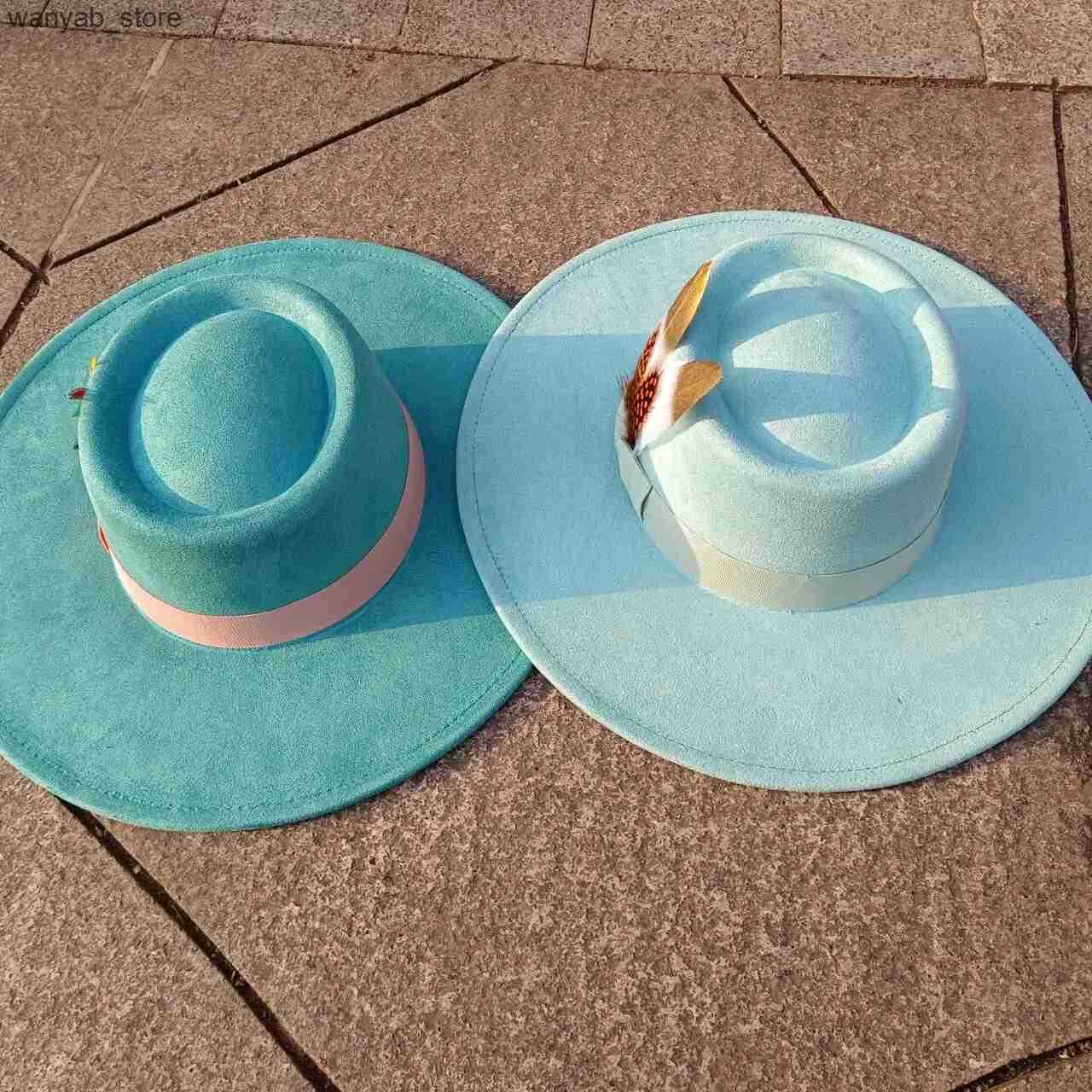 Wide Brim Hats Bucket Hats sombrero mujer fedora hat 9.5cm brim bow webbing feather accessories jazz hat men and women nubuck leather L240910