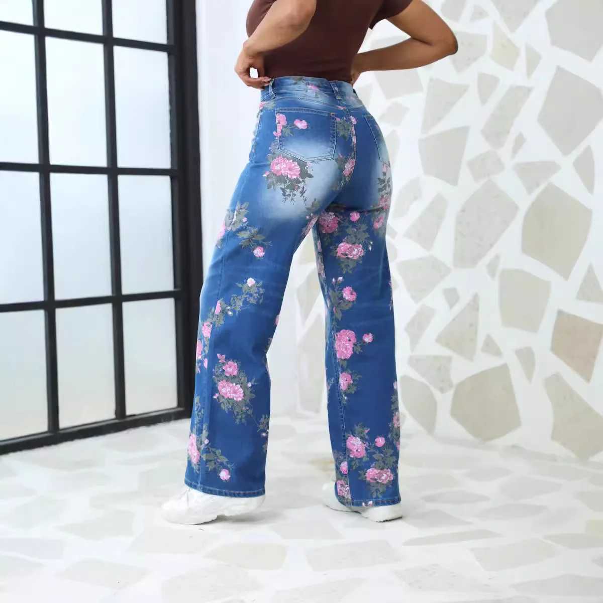 Women's Jeans Floral print womens loose jeans suitable for high rise denim robot womens loose pants autumn H241130