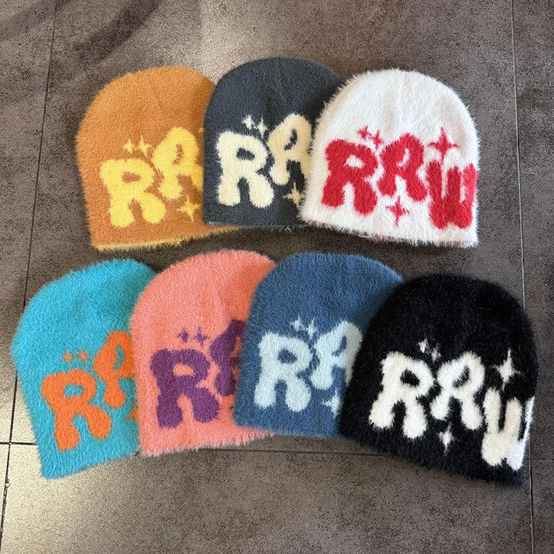 2024 Y2K Letter Cute Cold Beanies Man Fluffy Plush Caps for Men Women Auutmn Winter Edgy Knit Hip Hop Keep Warm Ear Male 241125