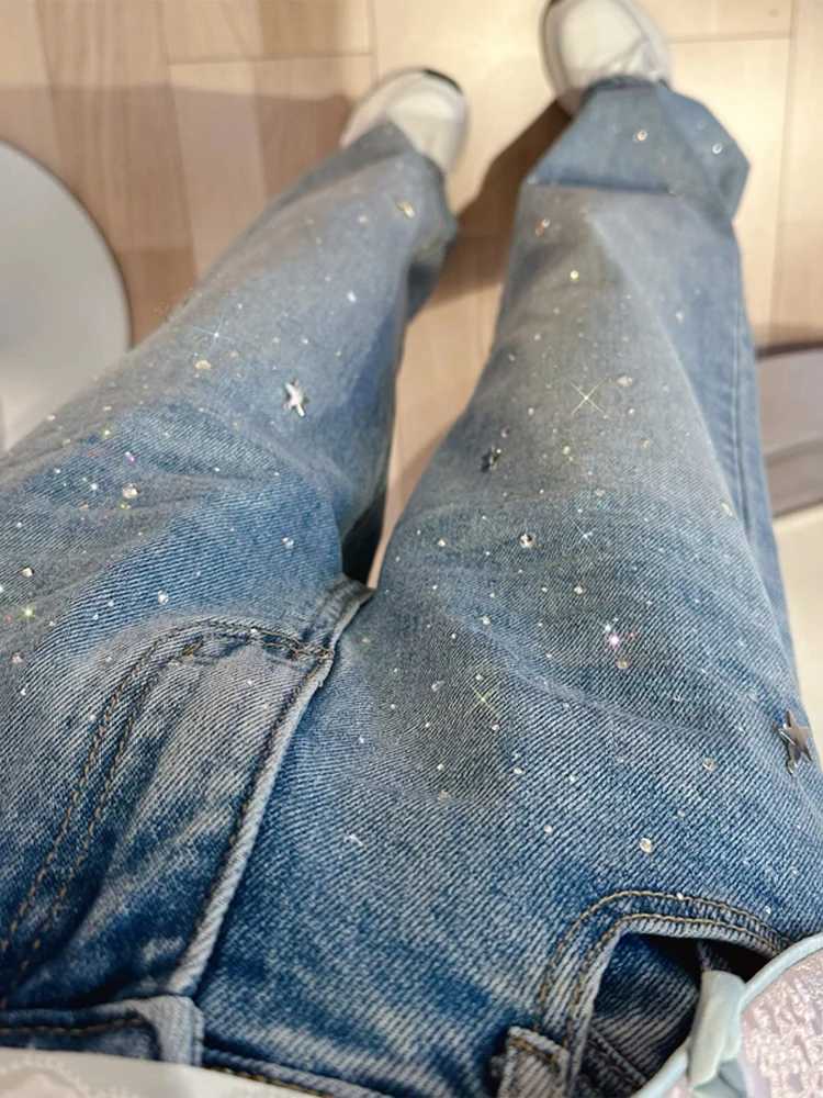 Women's Jeans Fashionable and shiny blue jeans for women Rhinestone Star high waisted straight denim pants spring chic and loose Trouser womens p