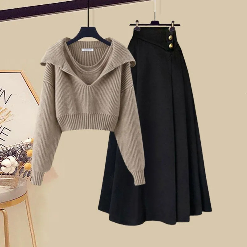 2024 AutumnWinter Korean Womens Set Fashion SweaterTank TopHigh Waist Skirt 3Piece Trendy 241129