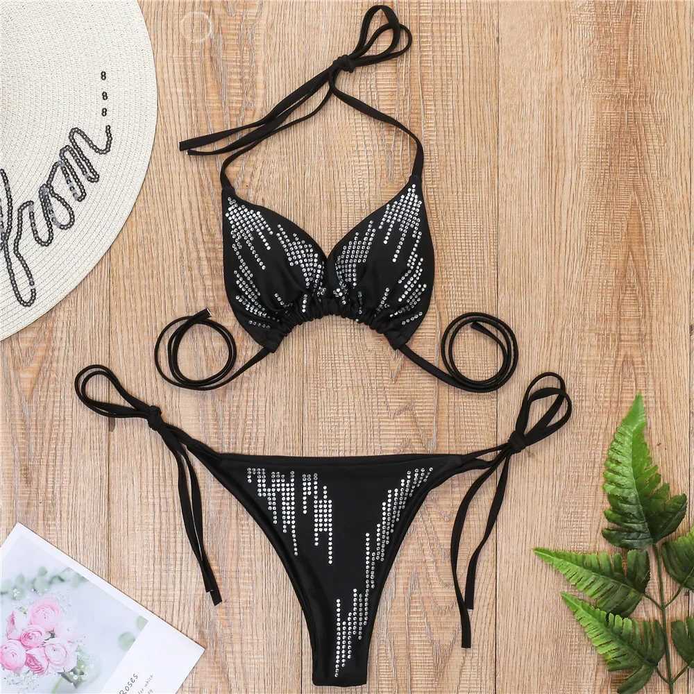 Women's Swimwear Diamond bikini black micro stripe swimsuit womens backless Y2K punk beach swimsuit vacation set Tangas Mujer H241130