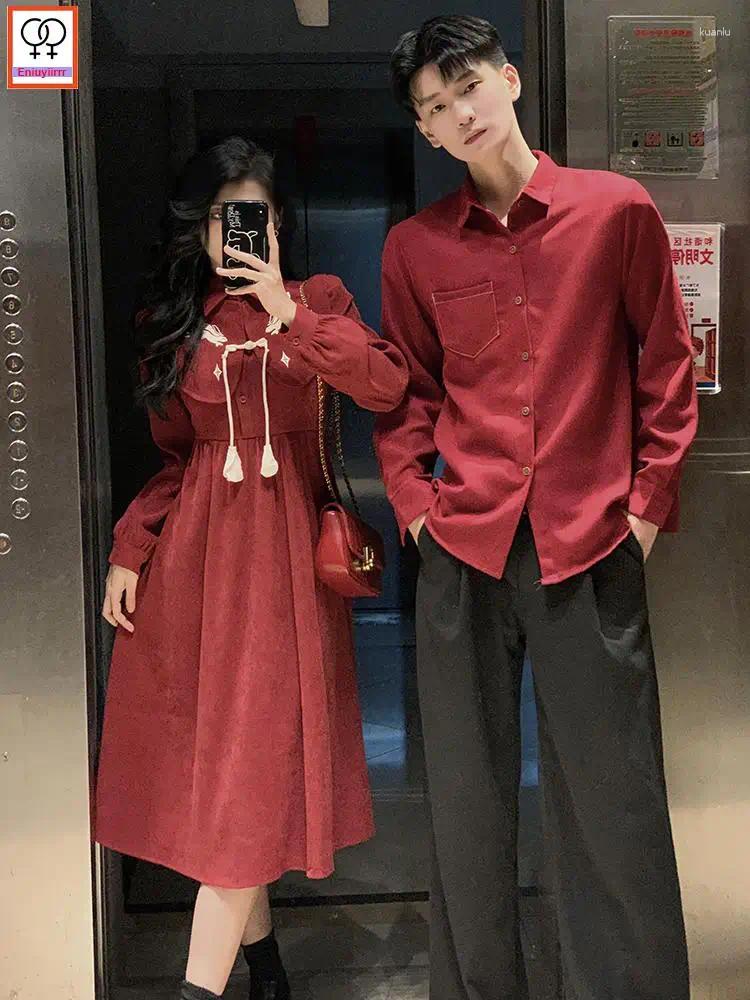 Casual Dresses Matching Couple Clothes Outfits Male Female Lovers Holiday Valentines Date Honeymoon Retro Vintage Shirt Dress Christmas