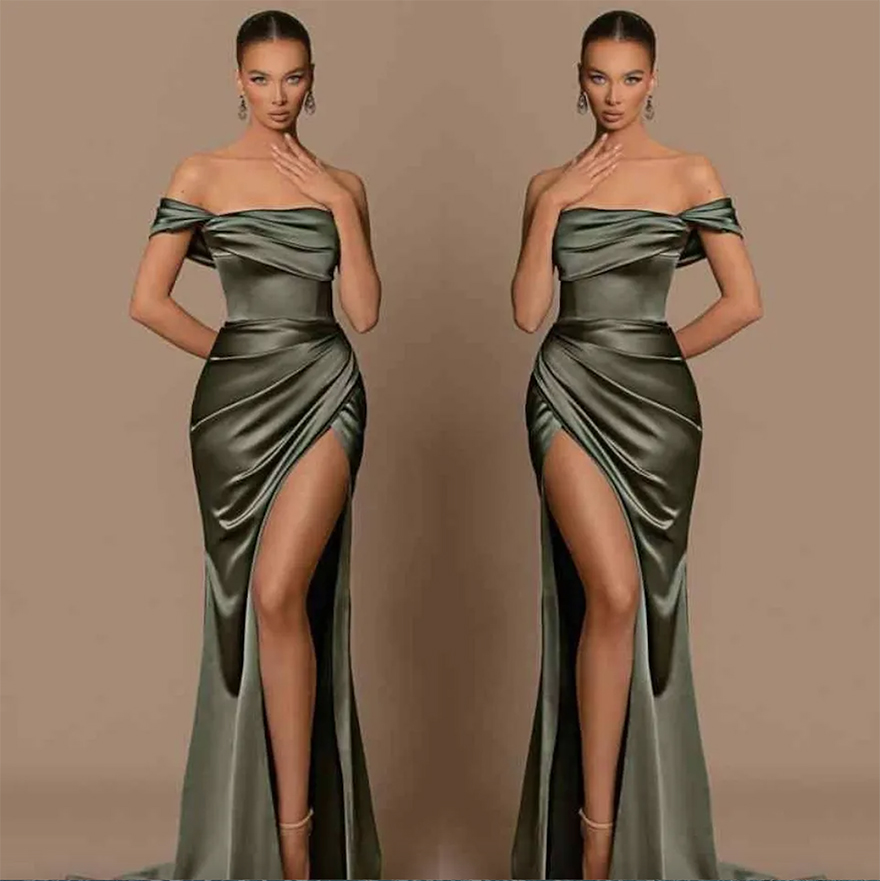 Elegant Olive Off Shoulder Bridesmaid Dresses Sheath Mermaid Backless Pleats SPlit Maid of Honor Gowns Women Formal Evening Prom Dress