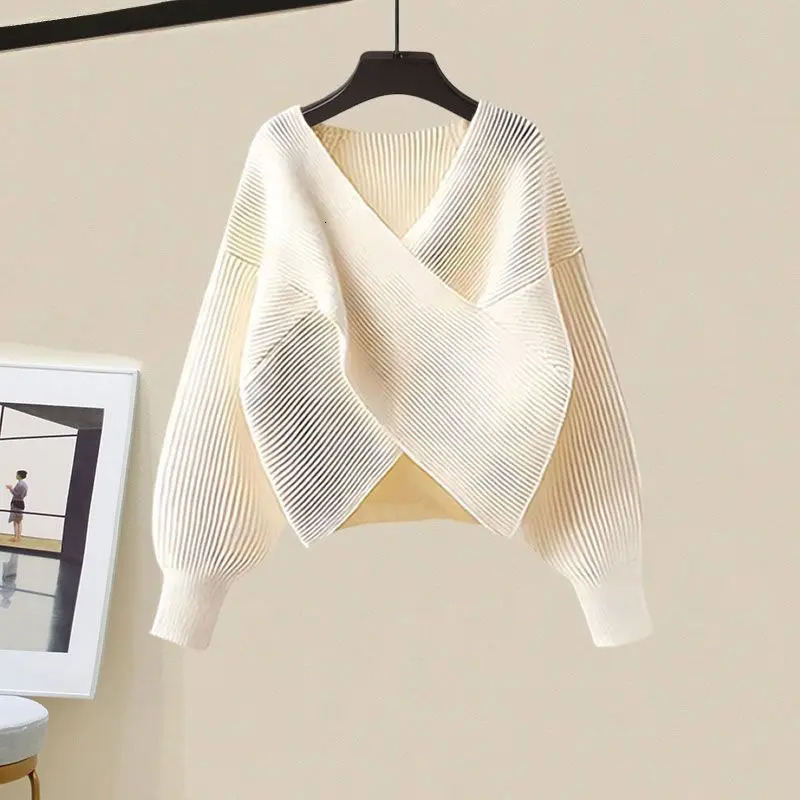 Autumn and Winter Cross Vneck Knitted Sweater Pullover Long Sleeved Dress Twopiece Set Fashionable Womens Skirt 241129