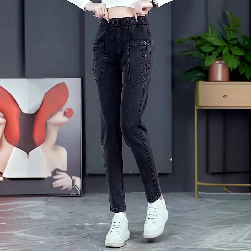 Womens pants plus size Harun jeans wool high waisted ultra-thin elastic casual pants suitable for womens Pantalones De Mezclilla De Mujer 241122