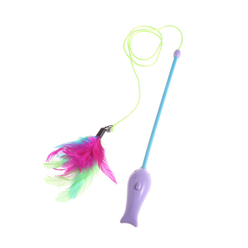 Flexible plastic long pole dolphin handle feather head teaser laser interactive cat toys wholesale
