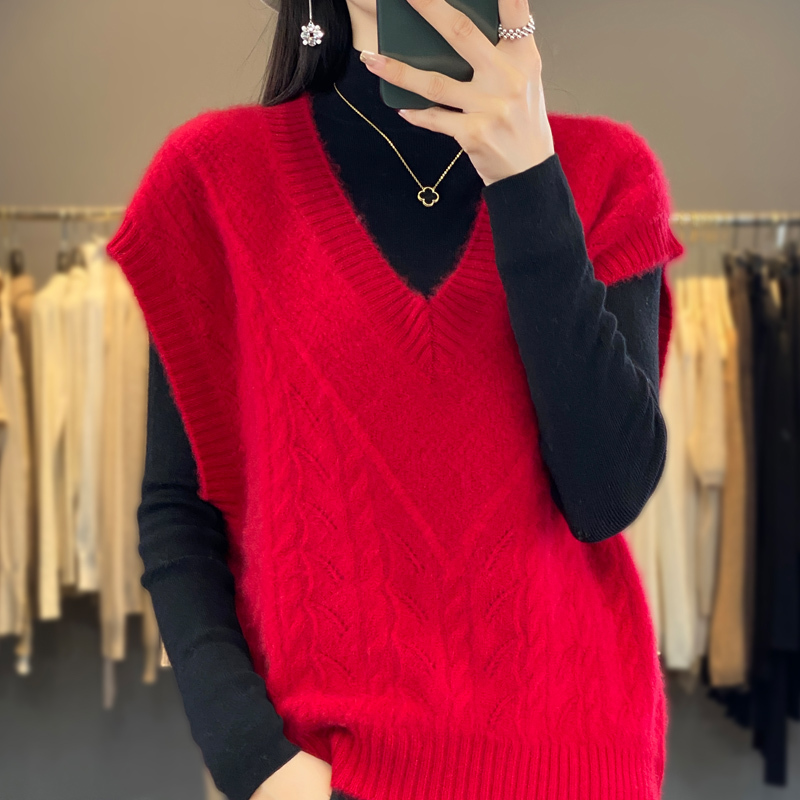 Women V-Neck Solid Color Pullover Warm Loose Knit Vest For Autumn Winter 100% Merino Wool Sweater
