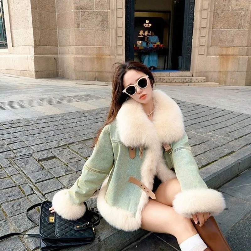 Large Fur Collar Denim Jackets Women Outwear Duck Down Liner Down Jacket Sort Motorcycle Jacket 2024 Winter Thick Warm Parka 241126