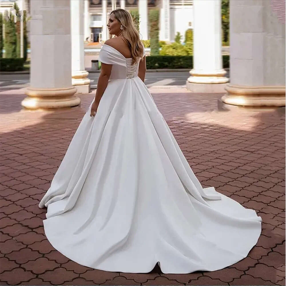 Off Shoulder Neck A V Line Wedding Dresses Simple White Satin Elegant Bridal Gowns Boho Garden Plus Size V De Novia Sweep Train Lace Up Back Bride Rob