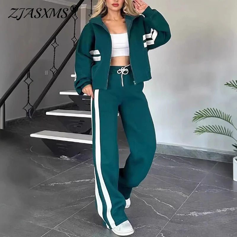 Y2K Two Piece Set Women Fashion Striped Print Lapel Zipper Coat High Waist Pants Outfit Autumn Winter Long Sleeve Suit Tracksuit 241129