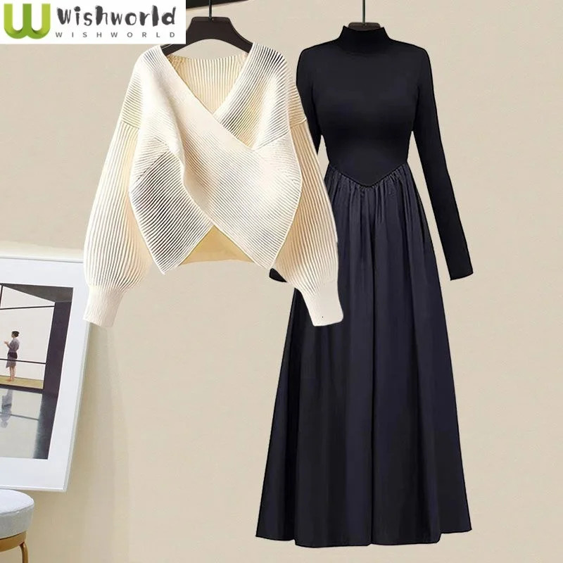 Autumn and Winter Cross Vneck Knitted Sweater Pullover Long Sleeved Dress Twopiece Set Fashionable Womens Skirt 241129
