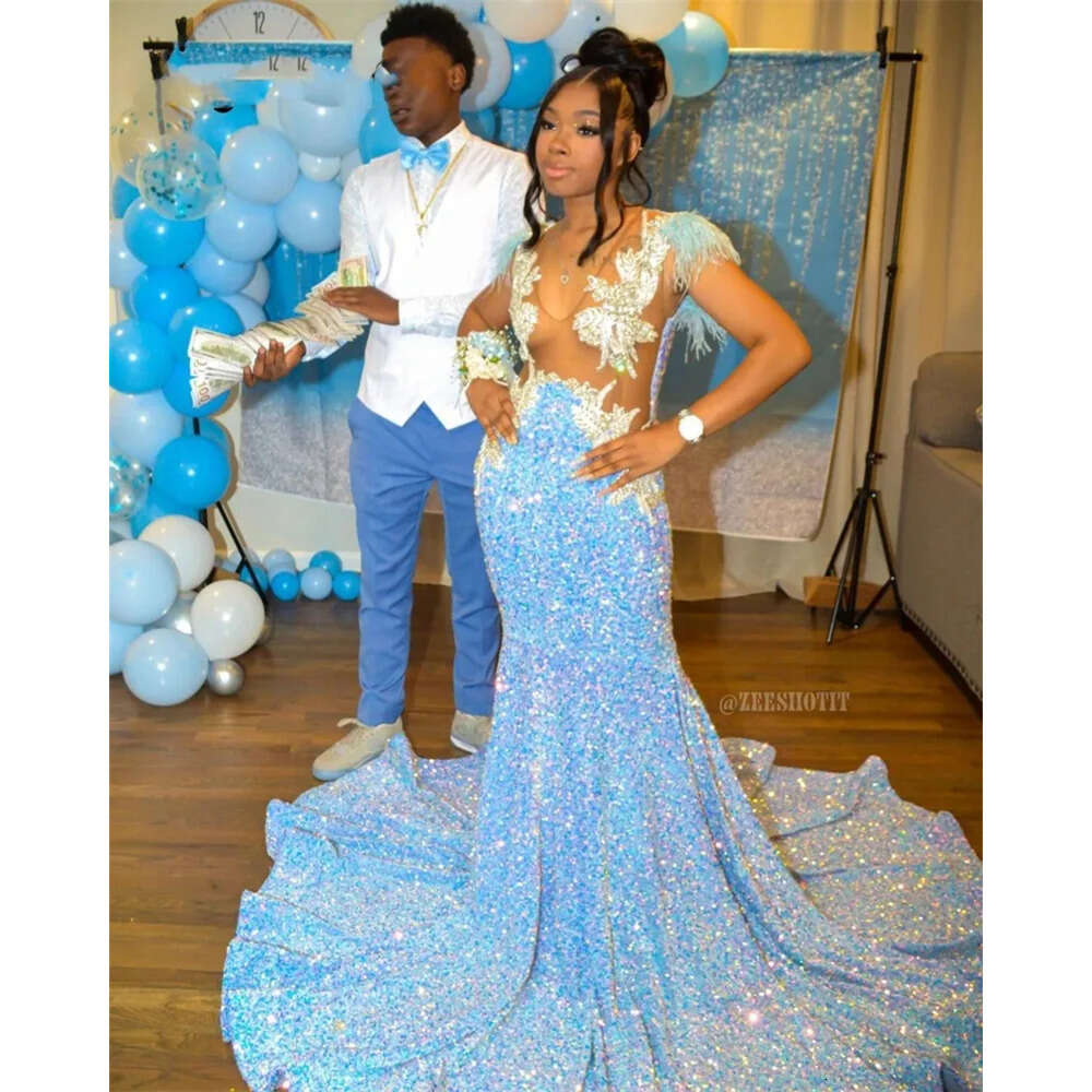 Sky Prom Mermaid Sparkly Blue Dress For Black Girls Mesh Glitter Sequins Beads Rhinestone Feathers Birthday Party Gown Robe