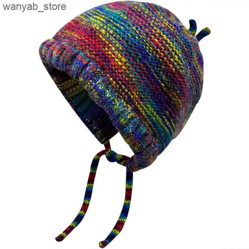 Wide Brim Hats Bucket Hats Rainbow Striped Ear Flap Hats Classic Coldproof Knit Hats Warm Skull Cap Trendy Beanies For Women Female Autumn Winter L240