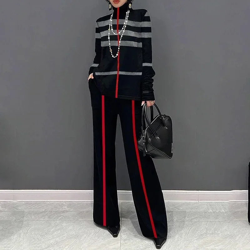 Yeezzi Womens Fashion Two Piece Sets Long Sleeves Loose Striped High Neck TShirts Waist Wide Leg Pants Suits 2024 241129