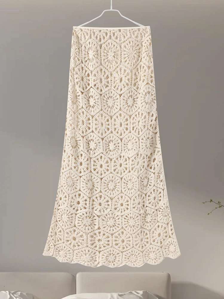 Knit Skirts Suit Sexy Slim Hollow Out See Through Sets Female 2024 Summer High Waist Vacation Beach Set 2 Pieces Lady 241129