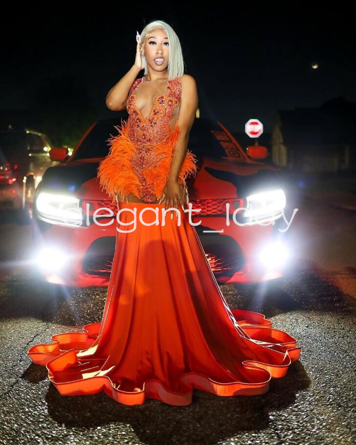 Orange Sparkly Long Rvening Birthday Gala Dresses for Black Hirl Luxury Diamond Velvet Feather Prom Cermeony Party Dress