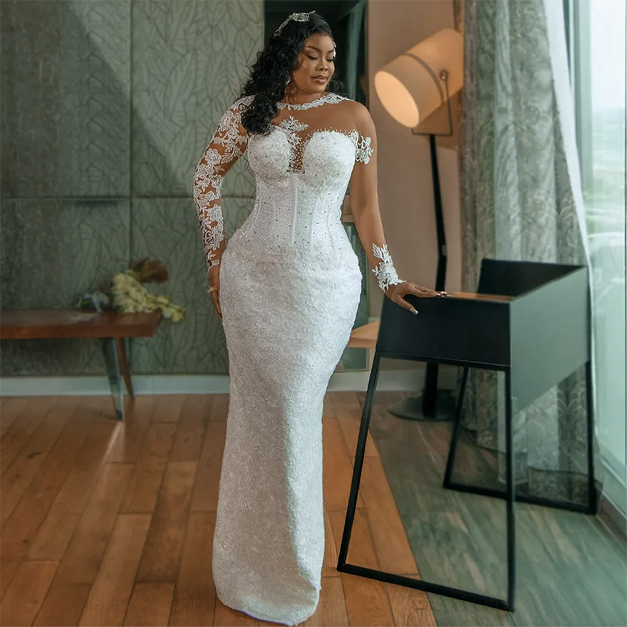 Dress Bride Mermaid Plus Size Sheer Neck Long Sleeves Beaded Lace Wedding Gowns with Detachable Train Marriage for Nigeria Black Women W029 Free shipp