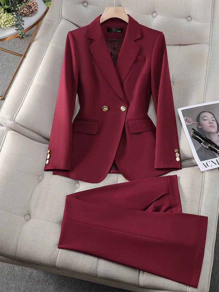 Ladies' 2-Piece Business Suit: Elegant Solid Jacket And Trouser Set In Blue, Red, Black, Or White B1