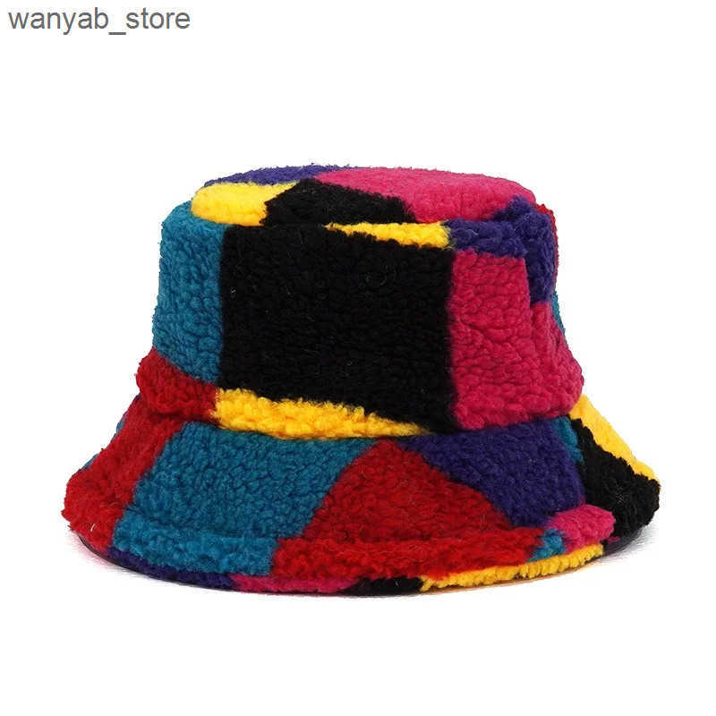 Wide Brim Hats Bucket 2024New Winter Bucket-Hats Fluffy Fur Men Women Panama Hat Fashion Warm Fisherman Cap Letter Rainbow Houndstooth Leopard Printed