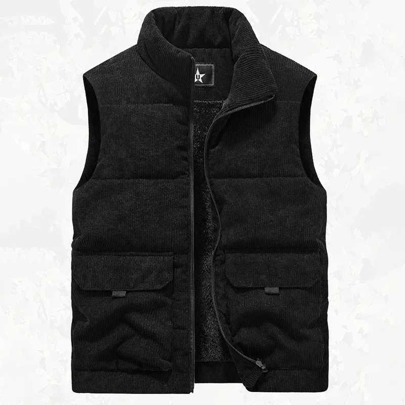 Men's Down Parkas 6XL Mens Winter Plus-size Corduroy Cargo Sleeveless Jacket Thick Warm Fleece Lining Multi-pocket Outdoor Hiking Safari Work Ves