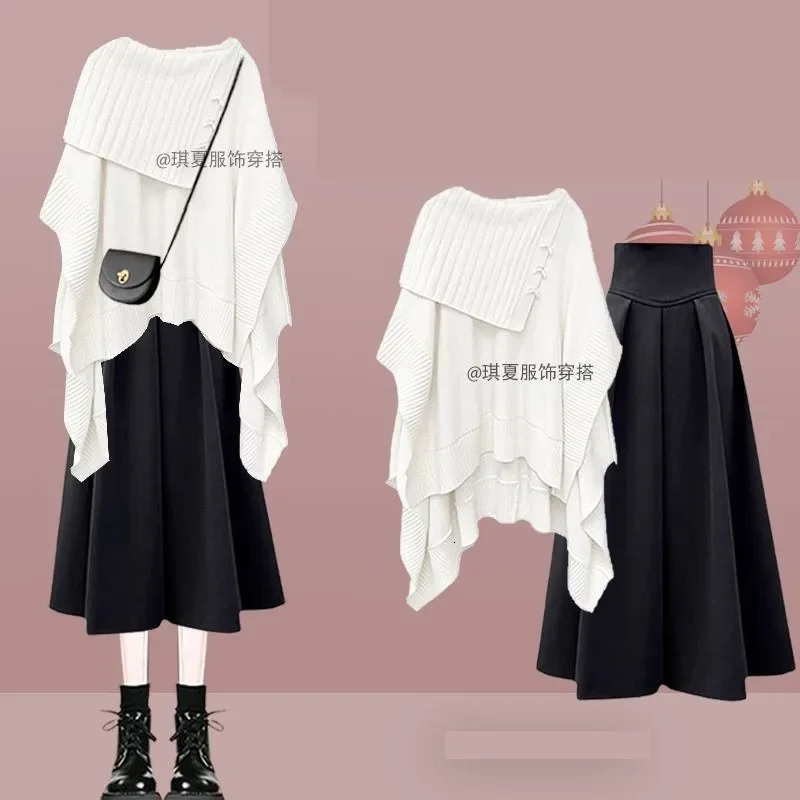Women 2024 AutumnWinter Chic Dress Matching Set Korean Elegant Irregular Knit SweaterHigh Waist Midi Skirt Two Piece Suit 241129