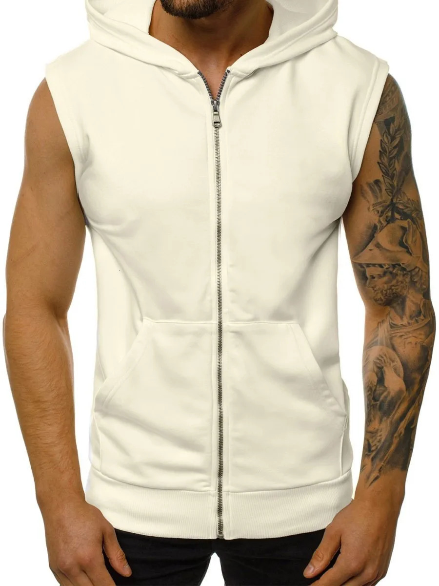 Wearing mens summer slim fashion fitness sports sleeveless vest hooded cardigan jacket trendy men 241129