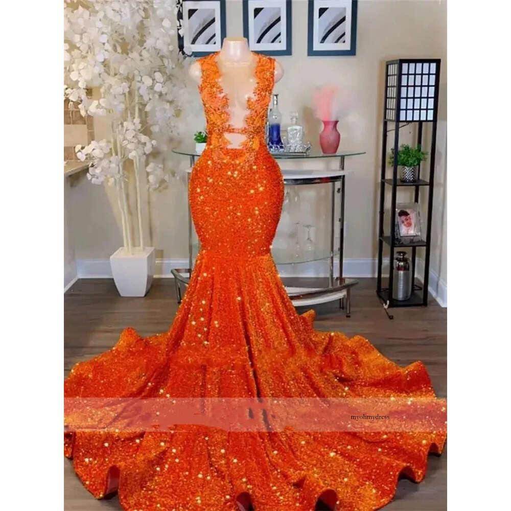Sparkly Orange Diamonds Prom Dress 2024 Glitter Crystal Beads Rhinestones Sequins Birthday Party Evening Gown Robe 0431