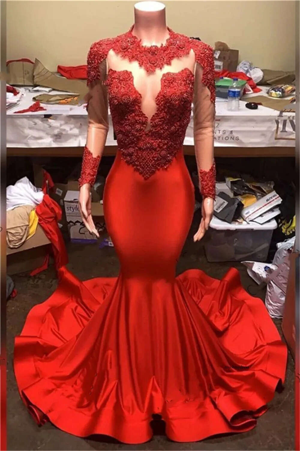 Red Jewel Neck Long Prom Dress Appliques Graduation Dresses Mermaid Birthday Party Gowns African Celebrity Gown Robe De Bal 0431