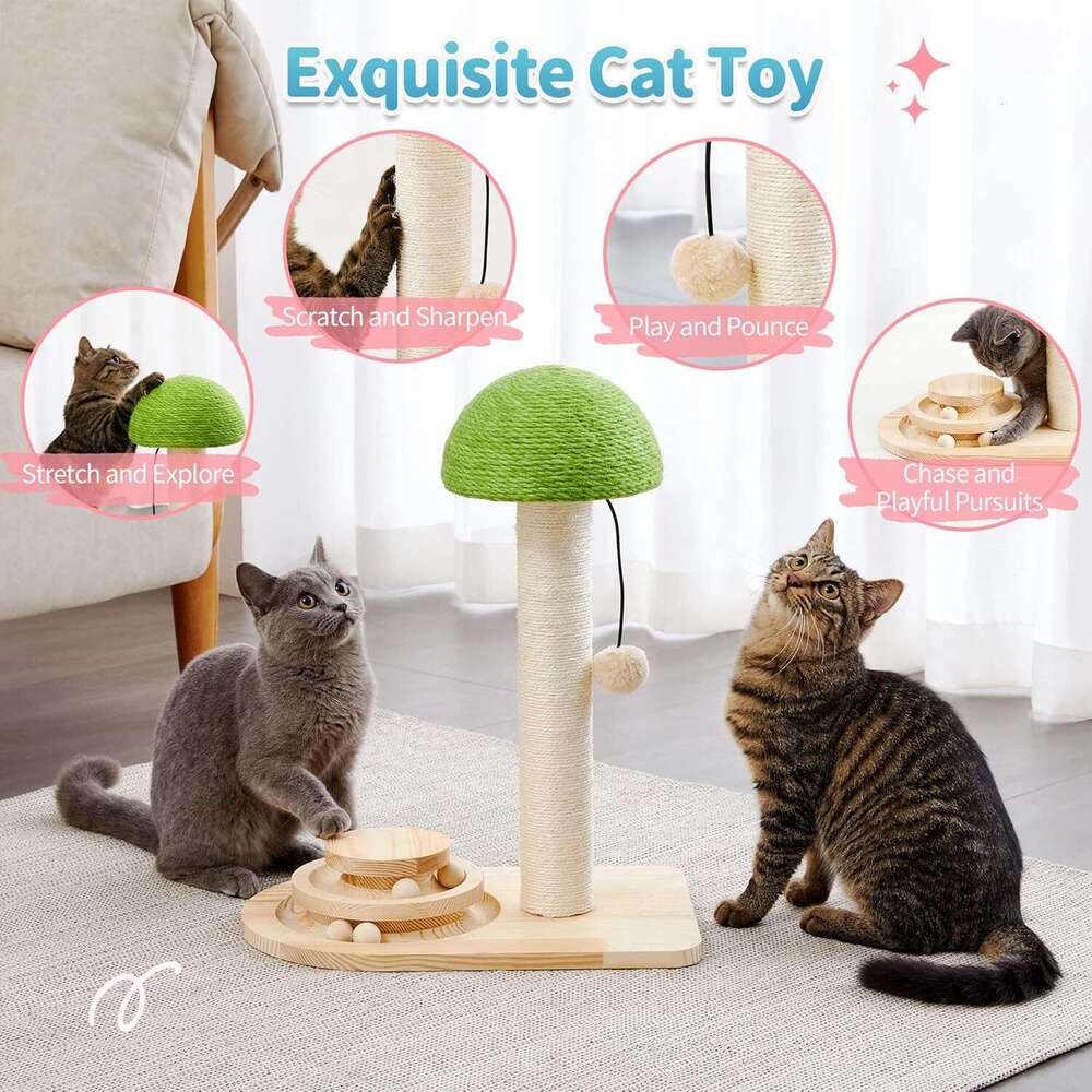 Made4Pets Cat Scratchig Post, Mushroom Cat Scratcher Sisal Ropes, Iteractive Track for Small Kittes, 2-In-1 Wood Scratch Toy with Dagg Plush Ball 20 i