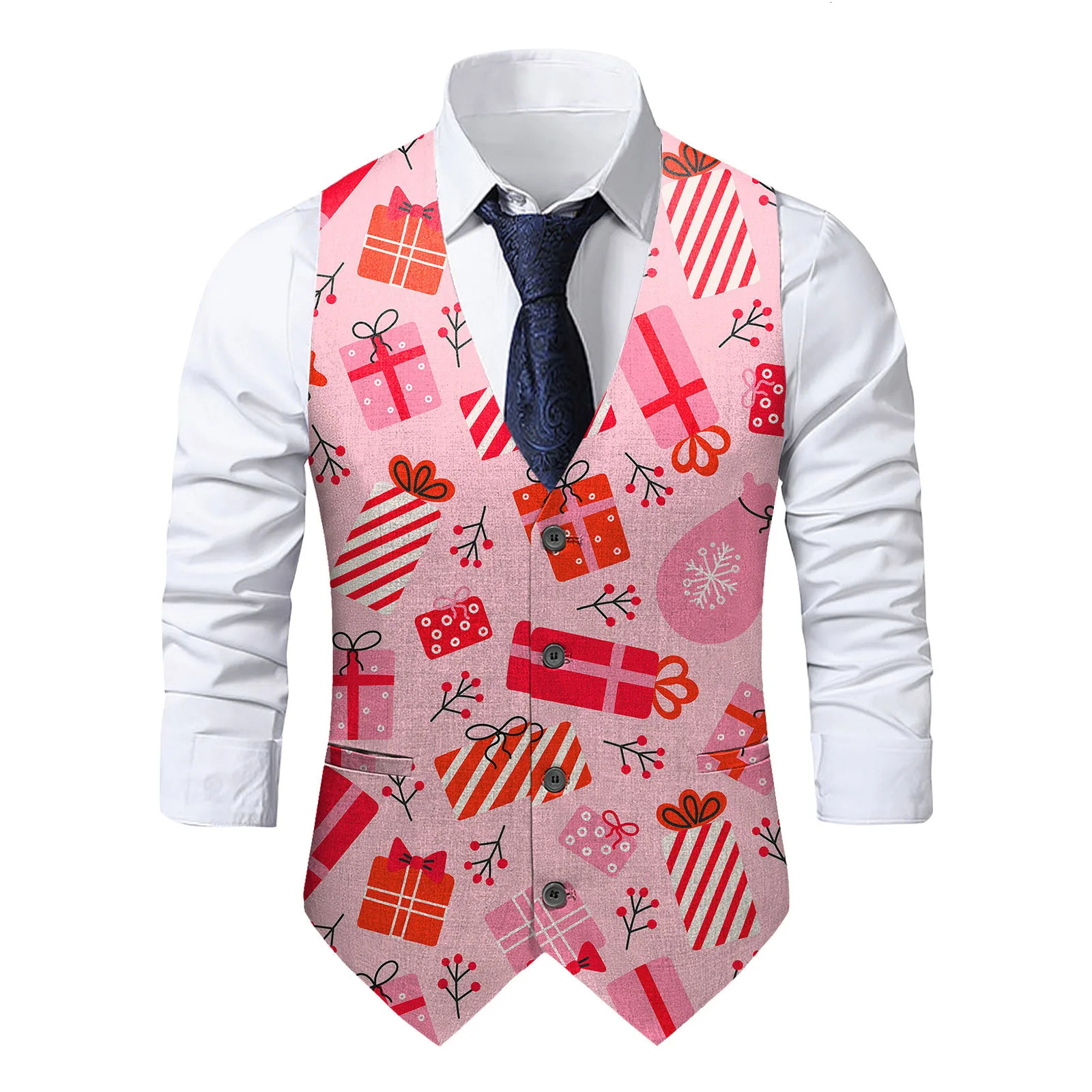 Xmas Print Christmas Green Banquet Vest Fashion Party Waistcoat For Men Single Breasted Clothing 2023 Family Costume 241129