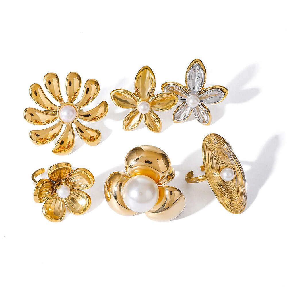 Jieding Stainless Flower Pearl Exaggerated Luxury Ins Ring Titanium Steel Rings Jewelry