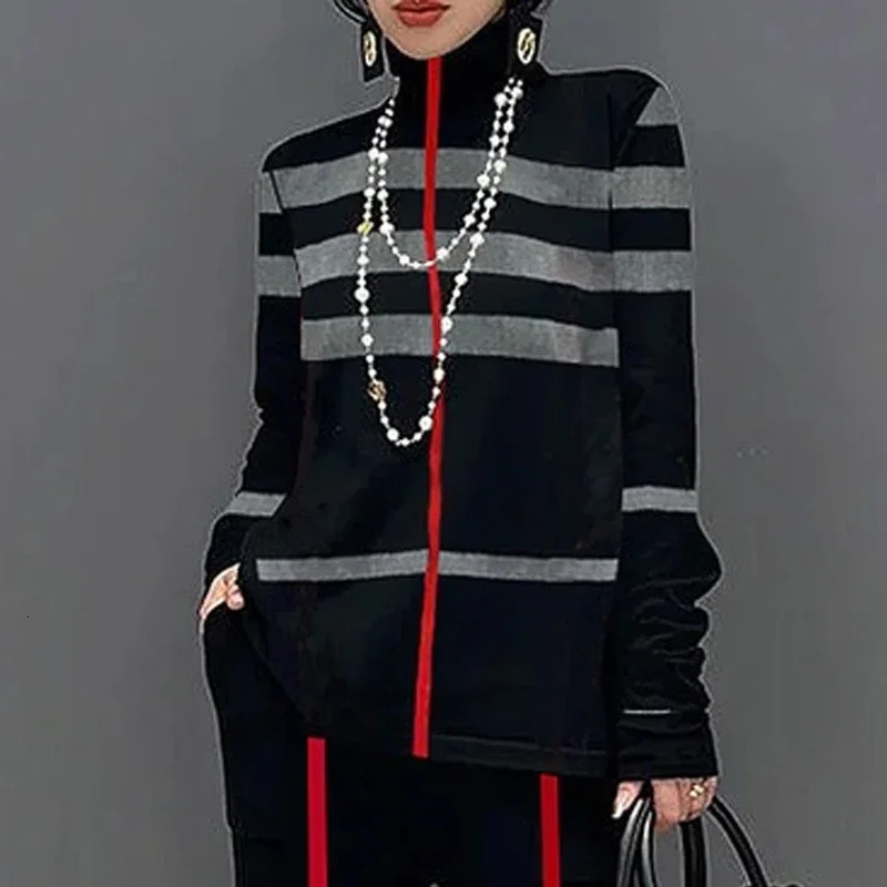 Yeezzi Womens Fashion Two Piece Sets Long Sleeves Loose Striped High Neck TShirts Waist Wide Leg Pants Suits 2024 241129