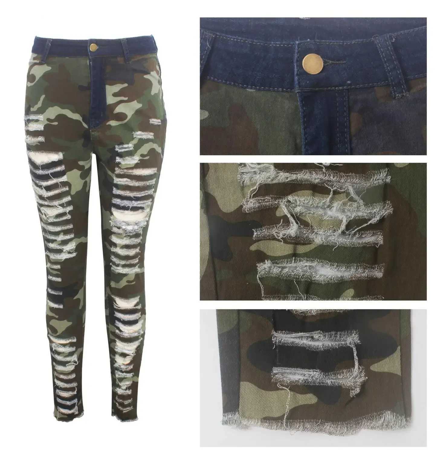 Women's Jeans 2019 Autumn Winter Womens Denim Pants Womens Tight Hole Splicing Camouflage Printed Jeans Sexy Pencil Bandage Trouser H241130