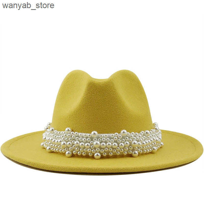 Wide Brim Hats Bucket Hats Women Men Wool Fedora Hat With Pearl Ribbon Gentleman Elegant Lady Winter Autumn Wide Brim Church Panama Sombrero Jazz Cap 