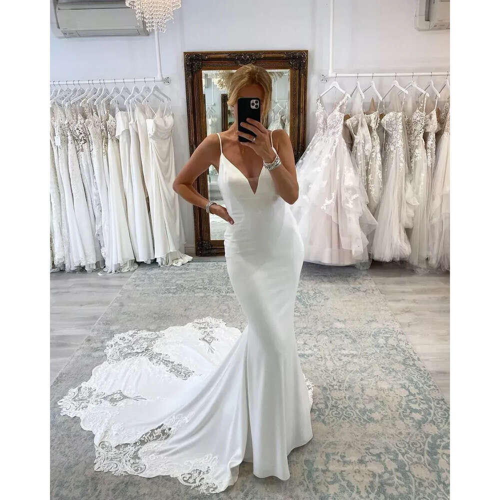Spaghetti Wedding Sexy Mermaid Backless Straps Lace Appliques Button Covered Open Back Long Bridal Gowns Dresses Custom Made Bc15453