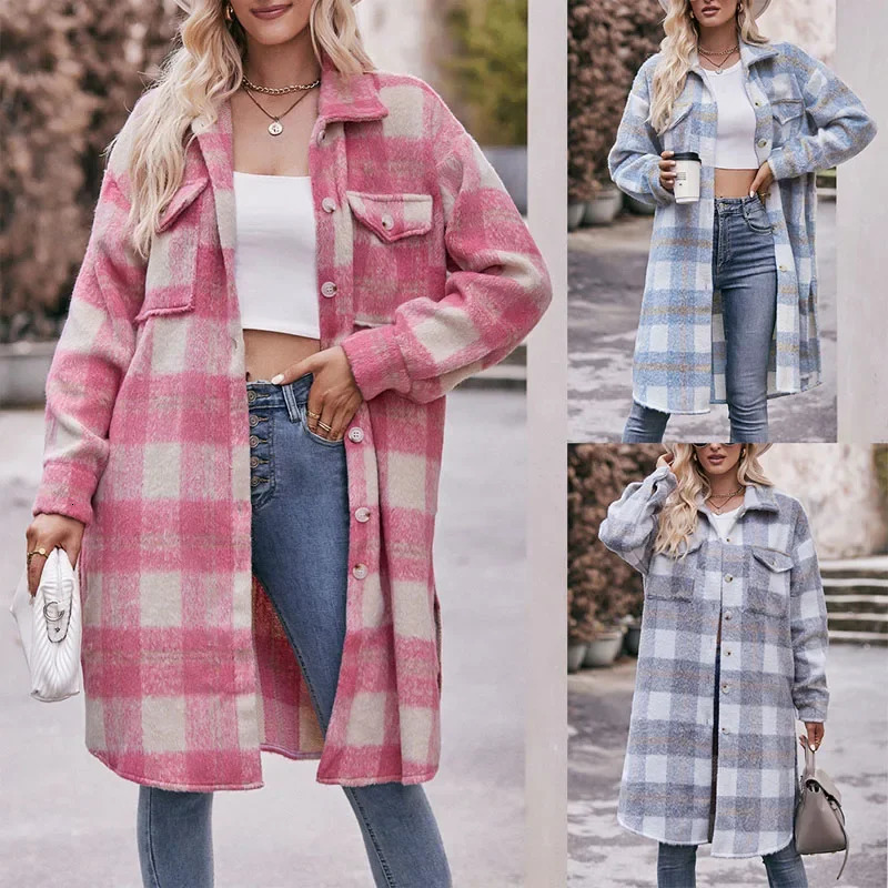 2023 Autumn and Winter Elegant Fashionable Polo Collar Stripe Spliced Temperament Loose Womens Long Plaid Coat 241129