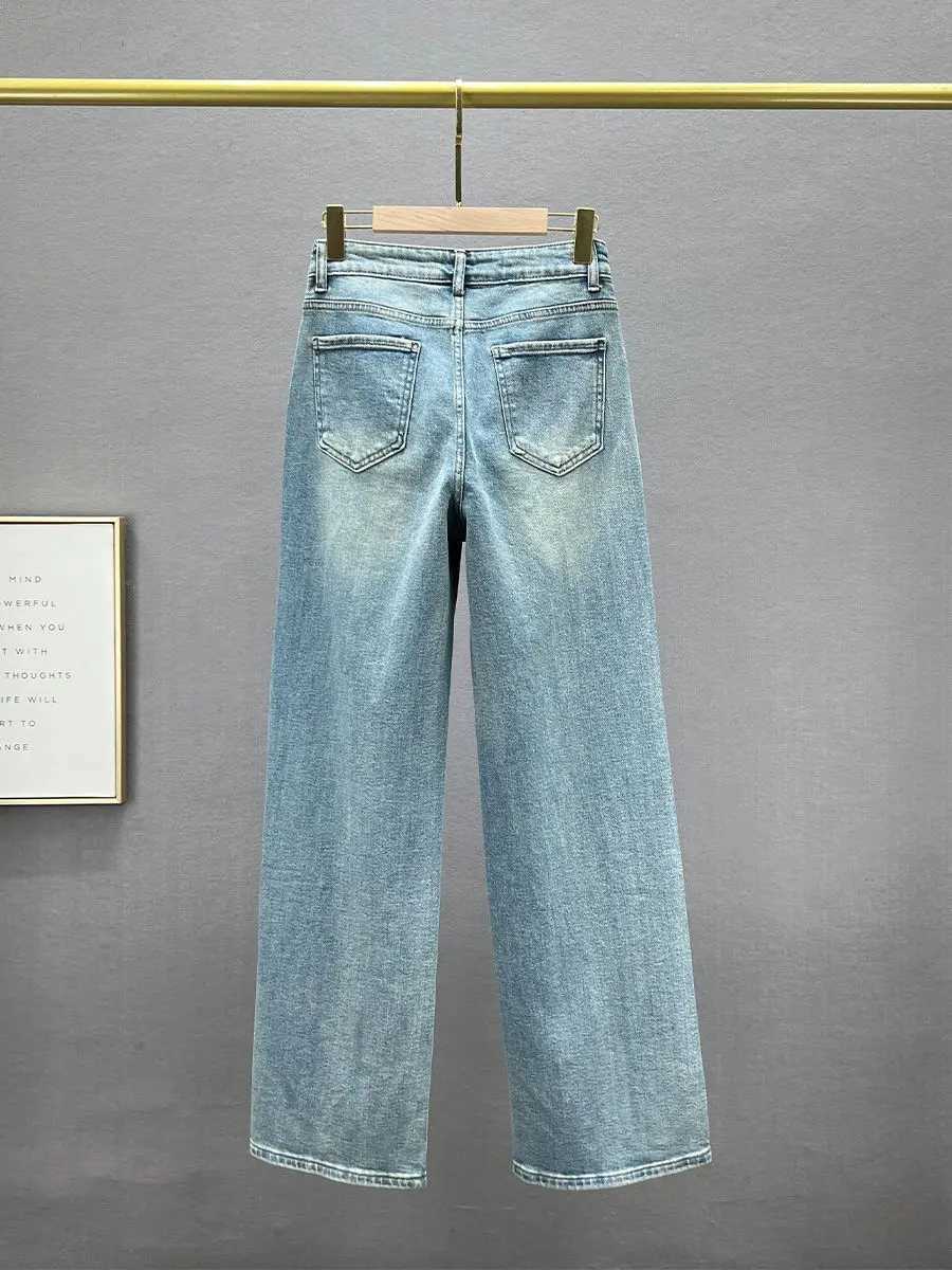 Women's Jeans Rheinstone XINGX pendant design high waisted washed denim pants for womens summer loose weight loss and fully matched straight leg 