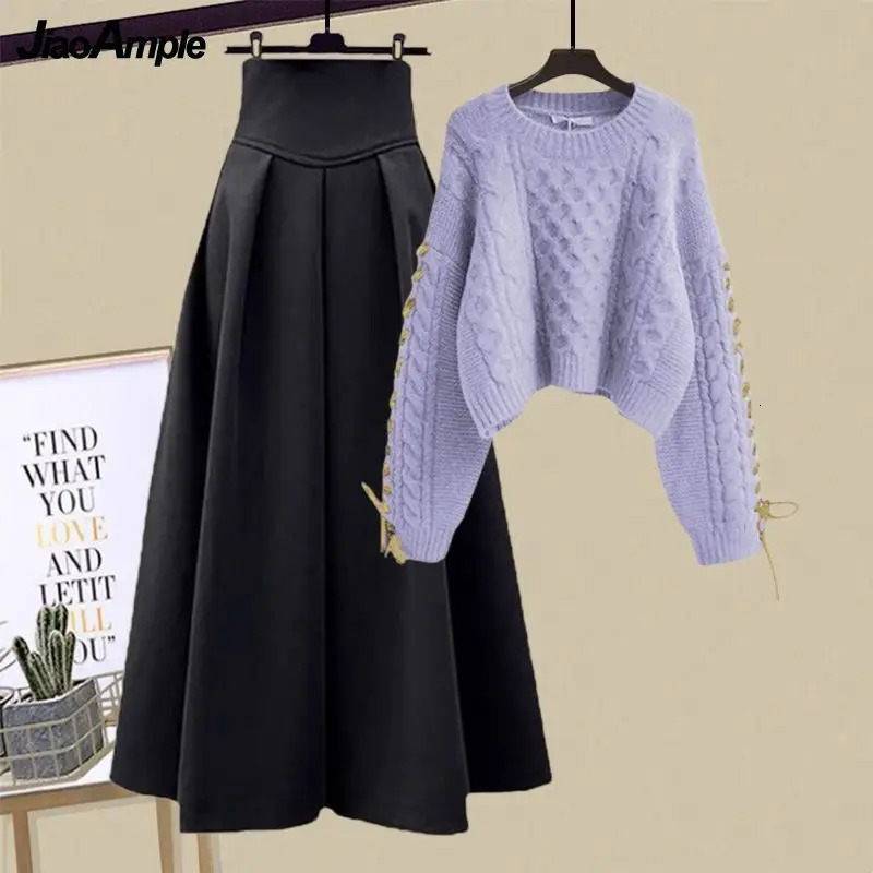 Women AutumnWinter Loose SweaterHigh Waist Midi Skirt 2Piece Suit Korean Chic Long Sleeve Knit Hoodie Dress Matching Set 241129